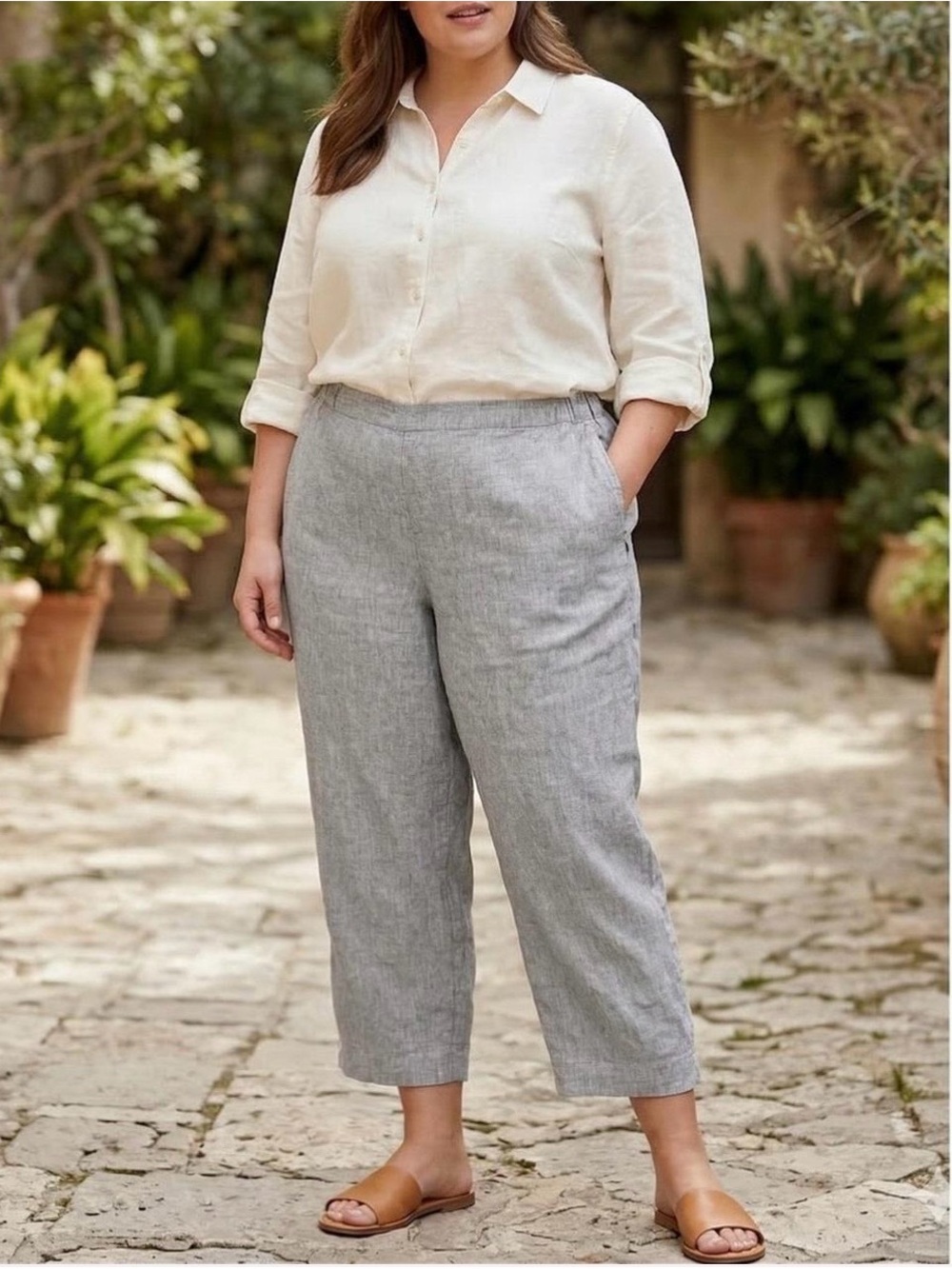 Love Linen J.Jill Sz M 100% Linen-Pants Gray pull on Loose wide leg India